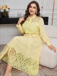 Modelyn 女式刺绣拼布前扣腰带长袖修身加大码连衣裙 - 黃色 - 查看 2