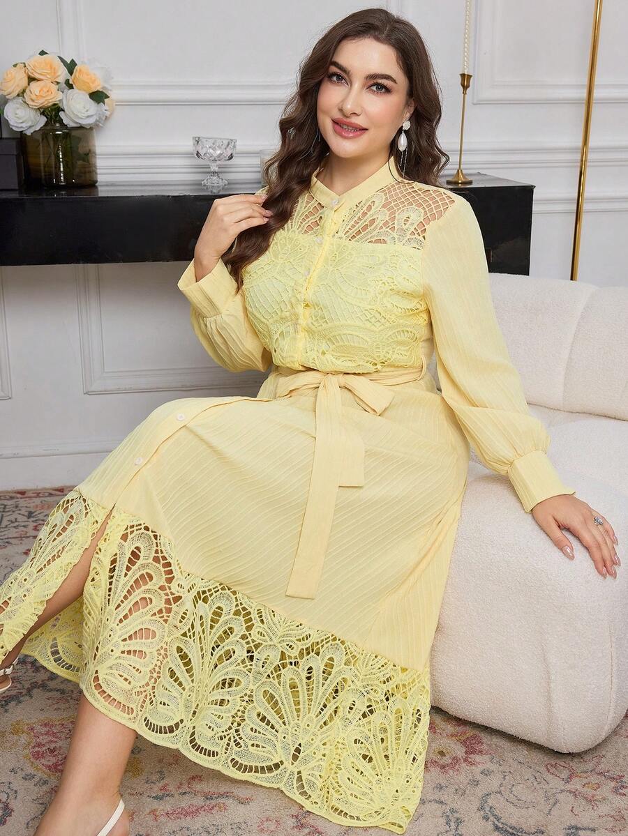 Modelyn 女式刺绣拼布前扣腰带长袖修身加大码连衣裙