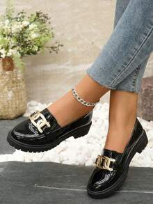 Mocasines suela gruesa para mujer estilo casual minimalista adorno de cadena metálica material suave sin estampado corte holgado punta redonda sin mangas primavera otoño oficina - Negro - Ver 2