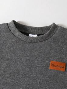 SHEIN Young Girl Tween,Teen Girl Casual Cute Pu Letter,Heart Print Knit Solid Color Loose Drop Shoulder Long Sleeve Sweatshirt & Wide Leg Sweatpants Set Fall Winter Kid 2 Pieces Set,Y2k Girl.Black,Mommy & Sisters & Me Matching,Autumn Winter,Halloween,Christmas.School Daily,Back To School,Home Wear,Holiday,Vocation. - Grey - View 5