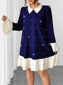 Elenzga Plus Size Women's Fashion Casual French Retro Romantic Elegant Pearl Contrast Color Dress - Navy Blue - View 7