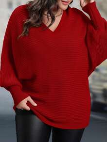Auvina 大码女式纯色V领长袖套头衫 - 紅色 - 查看 5