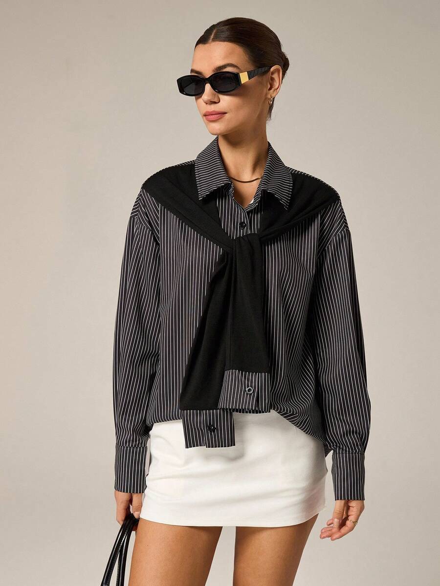 女士时尚休闲通勤风格二合一条纹纽扣落肩长袖衬衫 - 黑色 - 查看 1