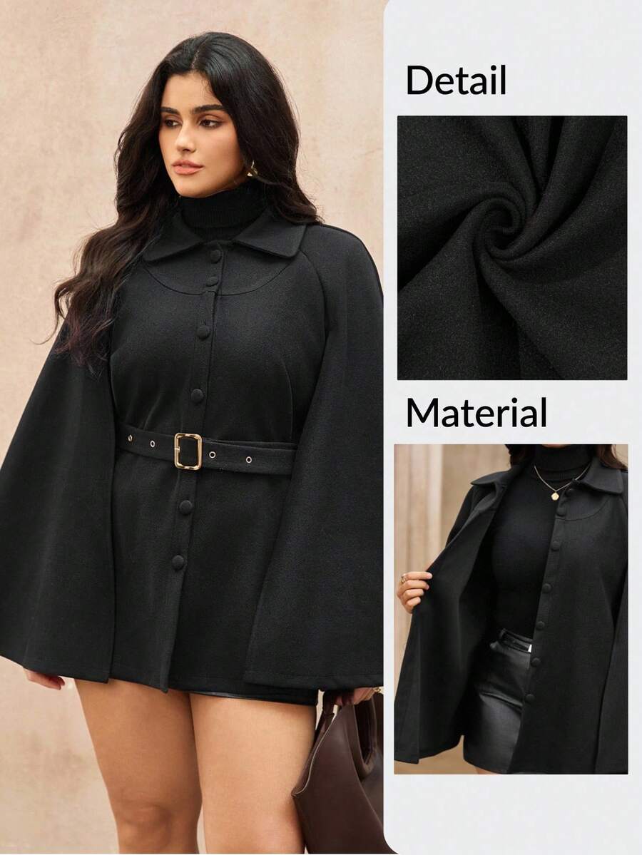 Roveilla Plus Size Women Elegant Brown Lapel Long Sleeve Cinched Waist Overcoat - Black - View 1