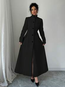 SHEIN Tall 女士时尚优雅单排扣长款高领大衣，冬季 - 黑色 - 查看 5