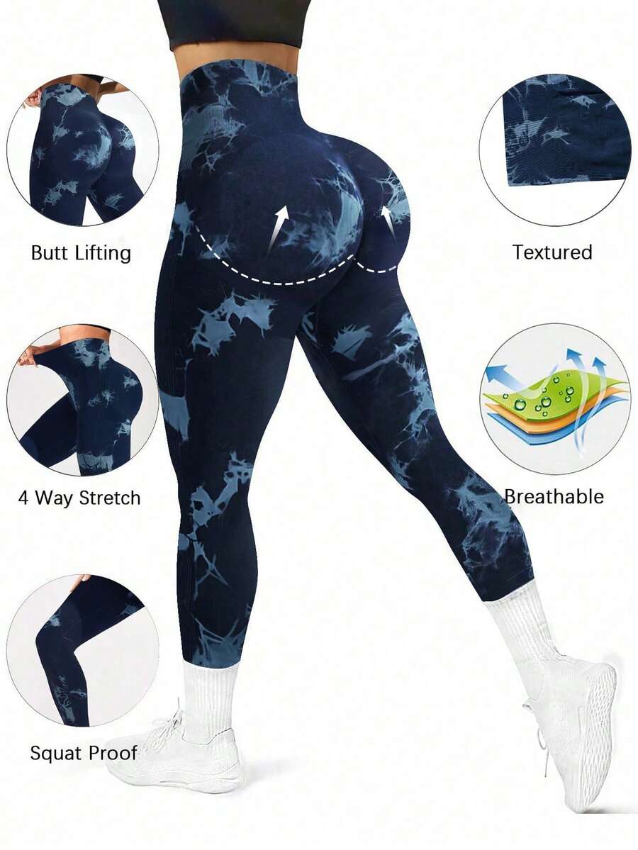 Gameset SHEIN Sport 女士高腰扎染修身休闲简约紧身裤瑜伽裤 - 彩色 - 查看 1