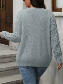 Áo khoác cardigan dệt kim xoắn cổ tròn tay dài màu trơn cỡ lớn, thường ngày, cài nút phía trước, thời trang và đa năng - Màu Xám nhạt - Xem 2