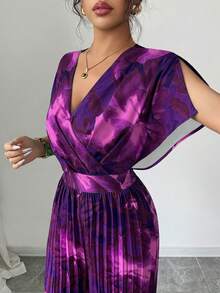 Elenzga Women's Elegant Commuter Floral Print Pleated Jumpsuit - Purple - View 3