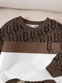 SHEIN Playful Pals 1 套男婴休闲时尚字母印花圆领运动衫和字母全身印花运动裤套装，舒适日常穿着，秋冬 - 彩色 - 查看 3