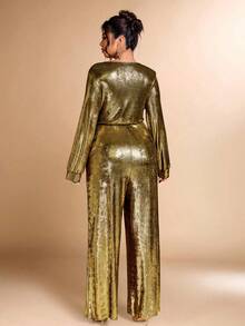 Cravure Christmas Plus Size Women Deep V-Neck Long Sleeve Pleated Sexy Wide Leg Metallic Jumpsuit