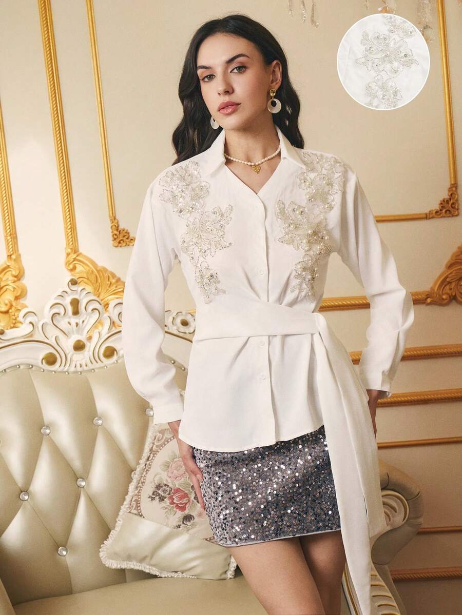 SHEIN Clasi 女款V領珠飾亮片收腰休閒襯衫,優雅奢華派對上衣,適用於萬聖節、聖誕節、新年、感恩節,秋冬季節 - 白色 - 查看 1