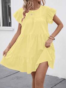 Breezaya 女士夏季纯色圆领宽松娃娃裙配荷叶边装饰度假海滩装 - 淡黃色 - 查看 5
