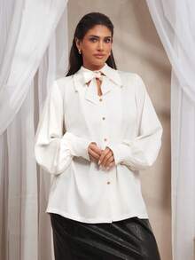 VOLUPTÉ CURVE Plus Size Spring/Summer New High-Popularity Hot-Selling Explosion Model French Elegant Retro Elegant Commuting OL Style Smooth Satin-Like Acetate Satin Fabric Ivory White Solid Color Bow Tie Collar Loose Pearl Texture Button Detailed Long Sleeve Regular Length Plus Size Women Office Lady Versatile Elegant Slimming Bow Tie Long Sleeve Blouse Top - White - View 3