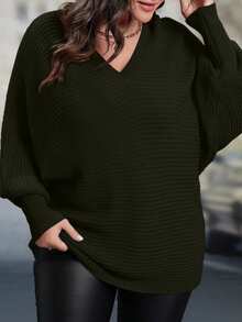 EMERY ROSE 大码女式 V 领蝙蝠袖纯色宽松套头针织毛衣 - 軍綠色 - 查看 4