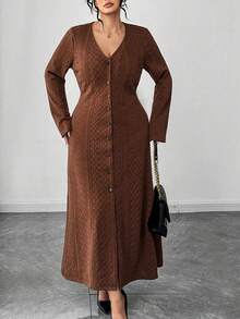 SHEIN Elenzya Plus Size Women's Solid Color Cable Knit V-Neck Cinched Waist A-Line Casual Everyday Dress, Autumn/Winter - Brown - View 3