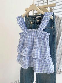 INAWLY 女式荷叶边格子无袖休闲时尚夏季衬衫 - 淺藍色 - 查看 4