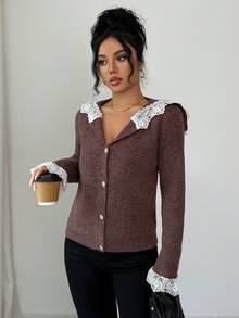 Elenzga Cárdigan de punto de manga larga, elegante y cómodo para mujer, con cuello vuelto, parche de encaje y ajuste regular, para otoño/invierno - Café integral - Ver 5