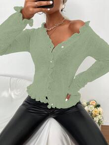 EMERY ROSE Solid Color Front Button Pleated Hem Casual Versatile Long Sleeve Cardigan - Green - View 3