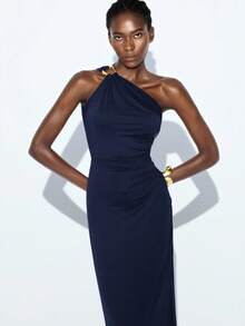 Maija 2025秋冬新款海军蓝不对称肩部褶皱修身中长连衣裙，现代优雅都市浪漫端庄精致复古风格，适合婚礼嘉宾、生日、万圣节、商务休闲、约会、派对、新年、圣诞节 - 藏蓝色 - 查看 10