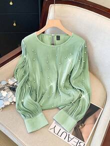 SHEIN Clasi Fashionable Women's French Style Beaded Luxury Blouse Fall Cloth For Women - Mint Green - View 4