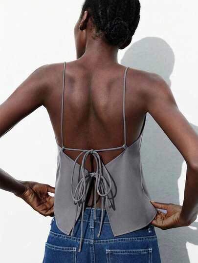 Maija Top de tirantes ajustables sin espalda con lazo para mujer, elegante para carnaval, fiesta, San Valentín, vuelta al colegio, festival de música, evento formal, commute, primavera/verano, Día de San Patricio, Pascua, vacaciones de verano, salida, graduación