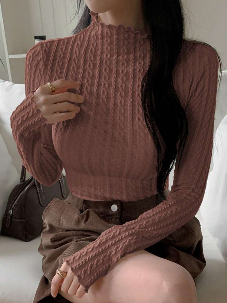 Women's Turtleneck Fitted Long Sleeve T-Shirt With Lettuce Hem, New Autumn Collection