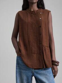 Ontre 女士亚麻圆领无袖衬衫，都市通勤商务休闲风，办公室穿着，优雅红色上衣，女士基础款衬衫，婚礼宾客正式着装，秋冬季 - 棕色 - 查看 5