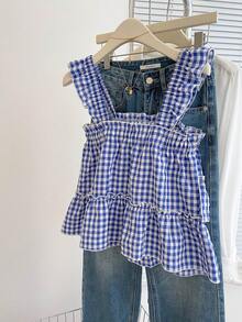 Resyla 女式荷叶边格子无袖休闲时尚夏季衬衫 - 藍色 - 查看 2