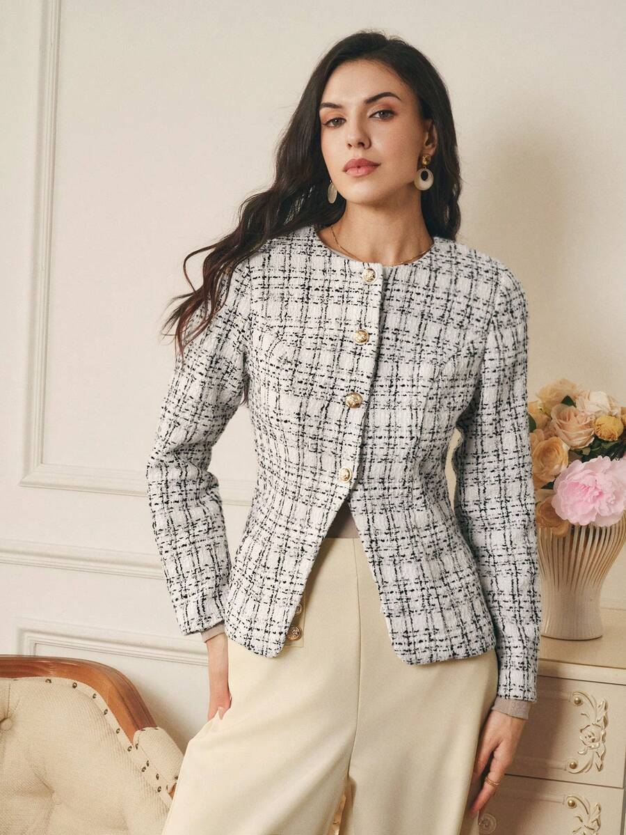 Omancia Women's Elegant White Plaid Tweed Jacket, Fitted Silhouette, Suitable For Halloween, Christmas, New Year, Thanksgiving, Autumn/Winter - White - View 1