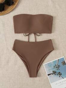 Swim Chiccia 2026 Special Fabric Women's Brown Side High Cut Halter Backless Tie Vacation Bikini Two Pieces Swimsuit, Spring/Summer - Coffee Brown - View 3