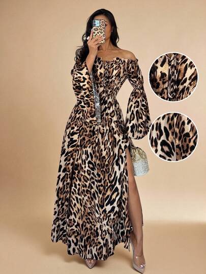Islaluna Leopard Print Maxi Off Shoulder Flare Sleeve High Slit Romantic & Fierce Dress