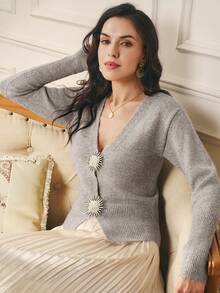 Penseblé Damen taillierter, mit metallischen Knöpfen verzierter eleganter Luxus-Strickpullover in Braun, geeignet für Party, Halloween, Weihnachten, Neujahr, Thanksgiving, Herbst/Winter - Khaki - Übersicht 4