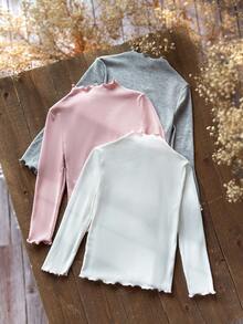 SHEIN 3 件套年轻女孩立领生菜边针织面料 T 恤，百搭，非常适合秋冬季休闲日常穿着和学校日常穿着 - 彩色 - 查看 9