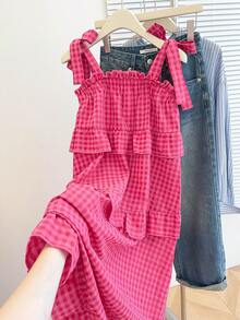 INAWLY New Autumn Cute Ruffle Hem Dress For Women - Hot Pink - View 3