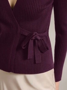 Ontre Women's Casual Knitted Ribbed Tie-Front Cardigan, Urban Commute Business Casual Wear, Office Outfit, Teacher Apparel, Basic Spring/Summer Outerwear - Red Violet - View 6