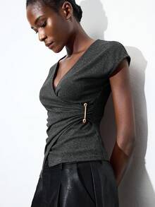 Maija Women's Fashionable Elegant V-Neck Short Sleeve Top, Urban Commute Business Casual, Office Wear, Teacher Uniform, Basic Blouse For Outings - Dark Grey - View 6