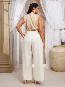 VOLUPTÉ CURVE Pantalon droit taille haute pour femmes grandes tailles, style minimaliste élégant pour le travail, tissu de costume de haute qualité, longueur cheville, style vintage chic, affinant, convient pour la Saint-Valentin, le printemps - Blanc - Voir 5