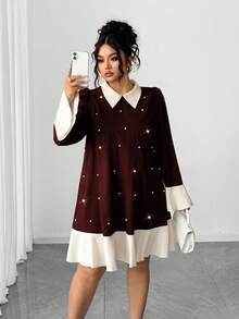 Elenzga Plus Size Fashionable Casual French Retro Romantic Elegant Pearl Contrast Color Dress - Burgundy - View 3