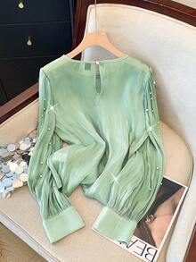 SHEIN Clasi Fashionable Women's French Style Beaded Luxury Blouse Fall Cloth For Women - Mint Green - View 2
