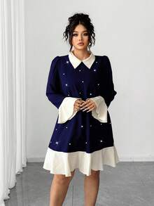 Elenzga Plus Size Women's Fashion Casual French Retro Romantic Elegant Pearl Contrast Color Dress - Navy Blue - View 5