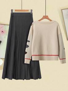 EMERY ROSE Bộ 2 áo len dệt kim dáng rộng thanh lịch nhiều màu cỡ lớn kèm chân váy cho nữ, trang phục lễ Phục sinh mùa thu/đông - Nhiều màu - Xem 2