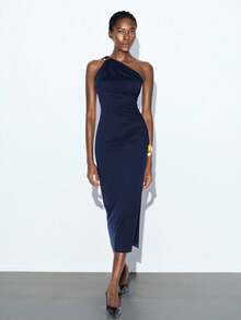 Maija 2025秋冬新款海军蓝不对称肩部褶皱修身中长连衣裙，现代优雅都市浪漫端庄精致复古风格，适合婚礼嘉宾、生日、万圣节、商务休闲、约会、派对、新年、圣诞节 - 藏蓝色 - 查看 7