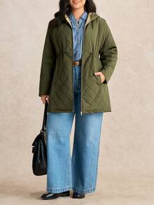 EMERY ROSE Elegant French Retro Waist Cinched Diamond Pattern Hooded Padded Coat, Suitable For Commuting, Autumn/Winter - Army Green - View 1