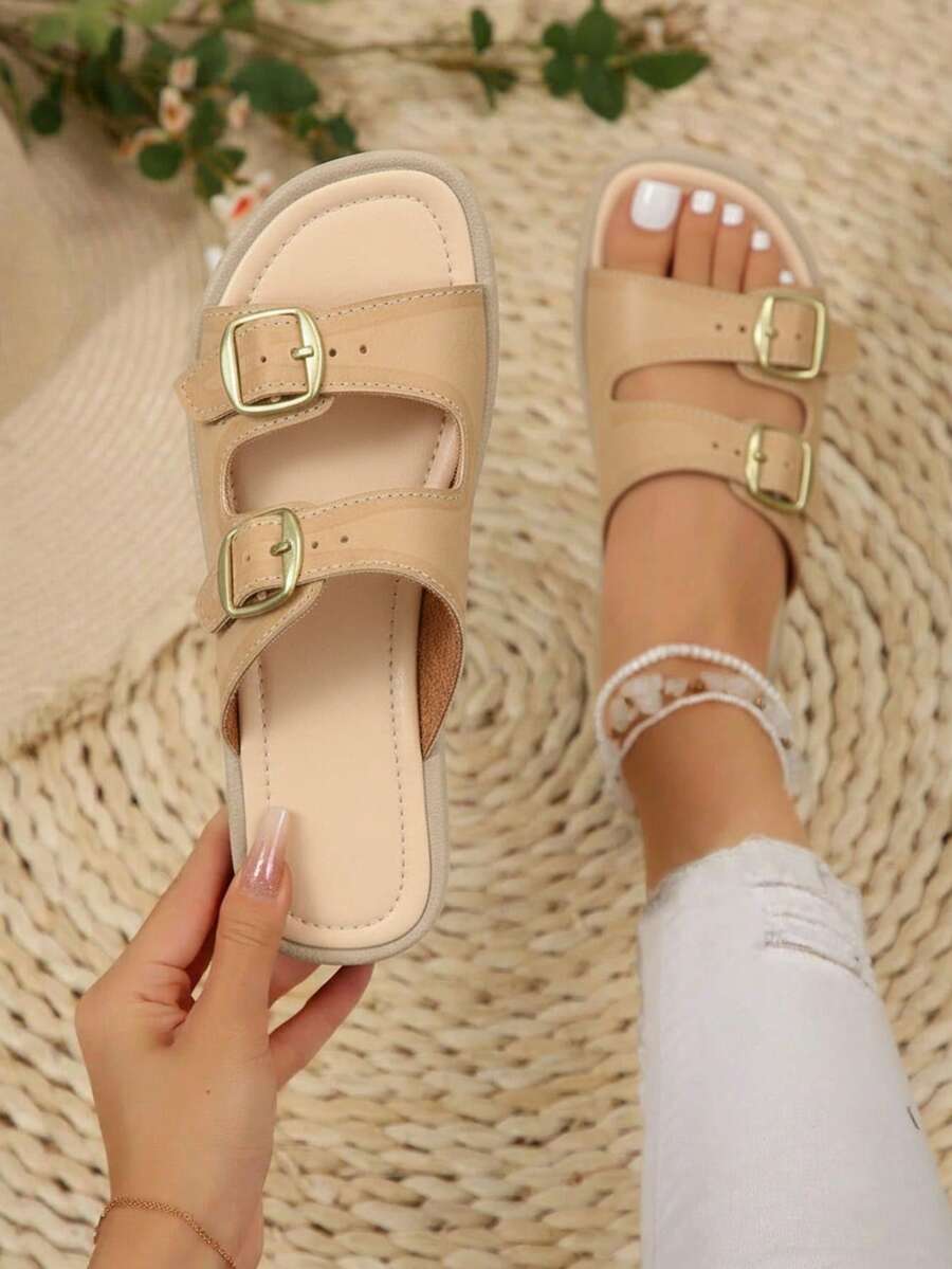 Sandalia para mujer con doble hebilla punta redonda sin agujetas plana estilo minimalista casual para verano y uso diario - Beis - Ver 1