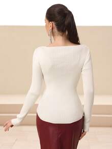 Modelyn Suéter de mujer casual de uso diario y para ir al trabajo, de unicolor simple, con manga larga ajustada, con detalle de torsión y hueco, para otoño - Blanco - Ver 6