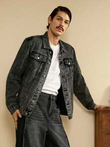 Manfinity Homme Men's Distressed Long Sleeve Denim Jacket , Dark Cotton Plain Black Party Grunge Rapper Going Out Vacation National Park Urban Gym, For Fall