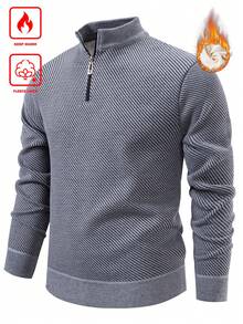 Manfinity Mode Áo len sọc cổ đứng tay raglan thường ngày có khóa kéo nửa, lót giữ nhiệt cho mùa thu/đông - Xám - Xem 1