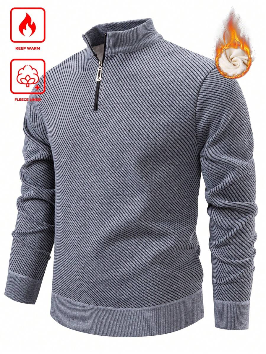 Manfinity Mode Áo len sọc cổ đứng tay raglan thường ngày có khóa kéo nửa, lót giữ nhiệt cho mùa thu/đông - Xám - Xem 1