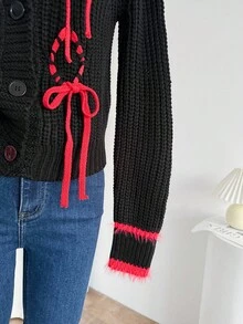 SHEIN LUNE Women's Fashionable Casual Contrast Color Tie Cardigan, Christmas - Black - View 6