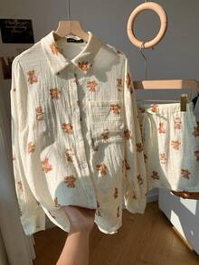 CovetEZ Bộ đồ thu đông 2 món dành cho nữ, áo sơ mi dài tay in hình gấu, áo phông và quần short, bộ đồ 2 món thoải mái và dễ thương cho nữ, phong cách Giáng sinh Halloween ngọt ngào. - trắng - Xem 6